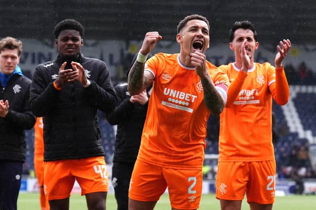 Rangers' James Tavernier (centre) and team-mates celebrate in front of the fans following victory in the William Hill Premiership match at Falkirk Stadium. (Photo by Andrew Milligan/PA Wire)