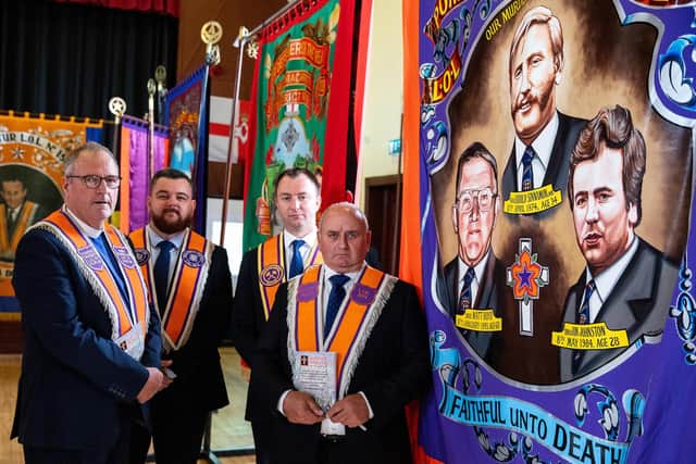 To mark Orange Victims Day 2025, the Grand Orange Lodge of Ireland is hosting an exhibition of banners, drums and memorial items dedicated to the memory of its murdered members. Pictured at the launch are Rev Trevor Boyd; Grand Lodge Project Officer, Gary McCallister; Assistant Grand Master, David Morrow and Bro. Norman Johnston.