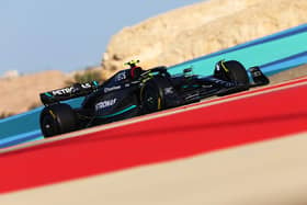 Lewis Hamilton driving the Mercedes AMG Petronas F1 car on track during day one of testing at Bahrain International Circuit.