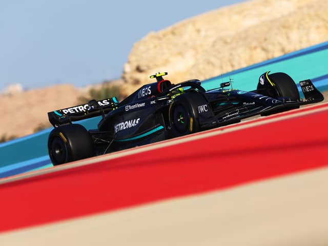 Lewis Hamilton driving the Mercedes AMG Petronas F1 car on track during day one of testing at Bahrain International Circuit.