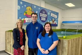 Member of Parliament for Upper Bann, Carla Lockhart, has welcomed a new doggy business to Banbridge. The Suddy Dog on Castlewellan Road is the first of its kind in Northern Ireland with four fully equipped self-service dog washing pods and a newly added doggy fun pool. Pictured with Carla is owners Amanda and Stephen