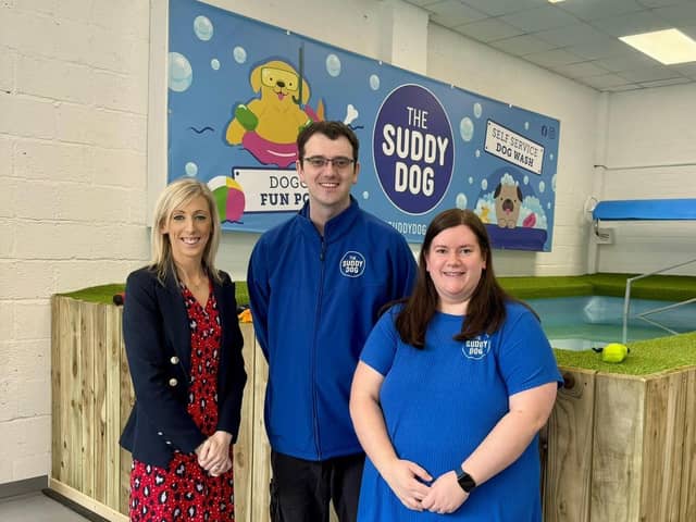 Member of Parliament for Upper Bann, Carla Lockhart, has welcomed a new doggy business to Banbridge. The Suddy Dog on Castlewellan Road is the first of its kind in Northern Ireland with four fully equipped self-service dog washing pods and a newly added doggy fun pool. Pictured with Carla is owners Amanda and Stephen