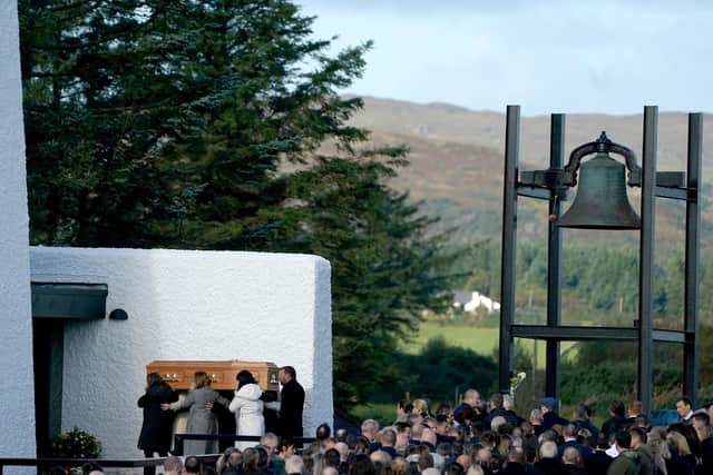 The coffin of Hugh Kelly, who died following an explosion at the Applegreen service station in the village of Creeslough in Co Donegal on Friday, is carried in to St Michael's Church, in Creeslough, for his funeral mass. Picture date: Friday October 14, 2022.