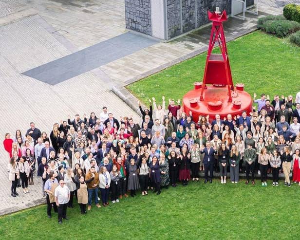 Allen & Overy Belfast posted online: “It's goodbye from Allen & Overy and hello A&O Shearman! Launching May 1, 2024." Pictured are the local staff