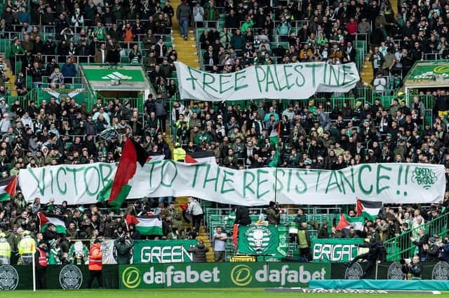 Pro-Palestinian banners at Celtic Park. Photo: PA