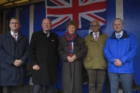 'We stood on platforms with DUP members protesting against the border': In 2022,  Jim Allister, Baroness Kate Hoey, Ben Habib and Jamie Bryson with the then DUP leader Jeffrey Donaldson at an anti-protocol rally in Bangor