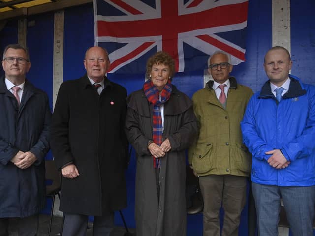 'We stood on platforms with DUP members protesting against the border': In 2022,  Jim Allister, Baroness Kate Hoey, Ben Habib and Jamie Bryson with the then DUP leader Jeffrey Donaldson at an anti-protocol rally in Bangor