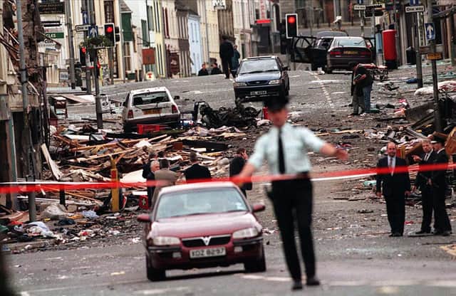 The scene of devastation in Omagh Town centre after the bombing on 15 August 1998 which killed 29 people