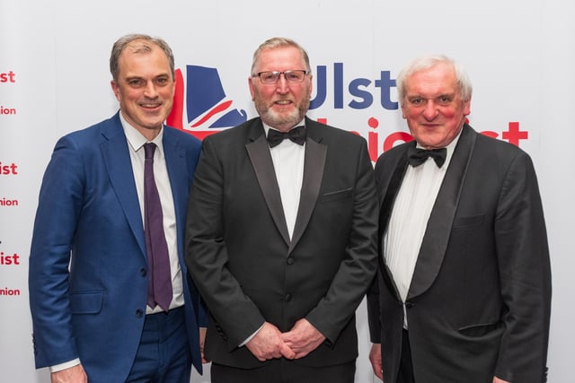 Former NI secretary Julian Smith MP (left) with Doug Beattie and Bertie Ahern