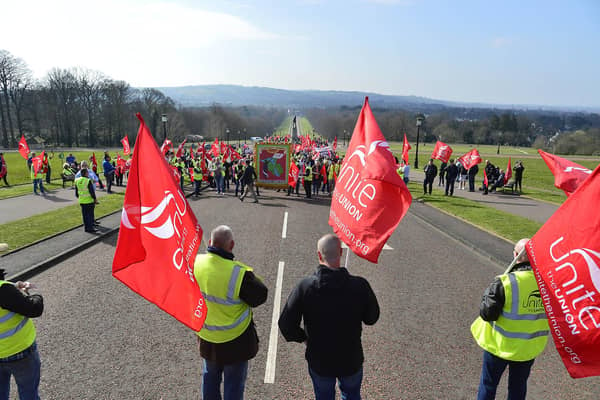 Unite members during strike action last March. Picture By: Arthur Allison/Pacemaker Press.