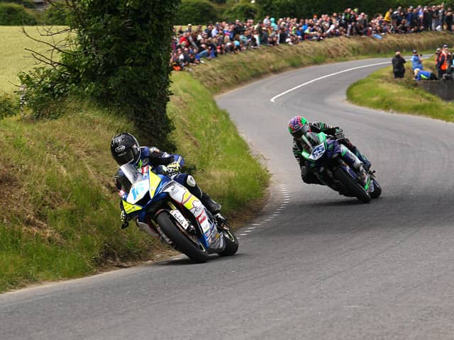 Mike Browne leads Michael Sweeney in the Supersport race at the Skerries 100 in 2022. (Photo by Rod Neill/Pacemaker Press)