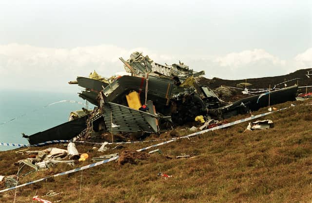 File photo dated 04/06/94 of the wreckage of a Chinook Helicopter which crashed on the Mull of Kintyre in 1994 killing all 29 on board. Twenty-five intelligence experts and four special forces crew were killed when en route from RAF Aldergrove in Northern Ireland to Fort George near Inverness. PA Photo.