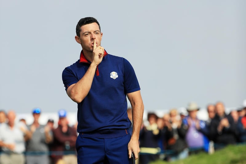 Rory McIlroy reacts across foursomes play at Le Golf National. (Photo by Mike Ehrmann/Getty Images)