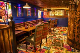 Album covers embedded into flooring forms part of the redesign at Level One in The Bentley Bar as the venue reopens following a major refurbishment, transforming the upstairs space into a fully equipped rock themed live music venue in the heart of Londonderry. Credit: Aodhan Roberts.