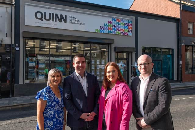 Pictured at the opening of Quinn Estate Agents, Downpatrick are Edel Curran, branch manager; Jonathan Quinn, managing director; Aoibheann Dagens, negotiator and Donnan Ritchie, partner at Ritchie & McLean Mortgage Solutions