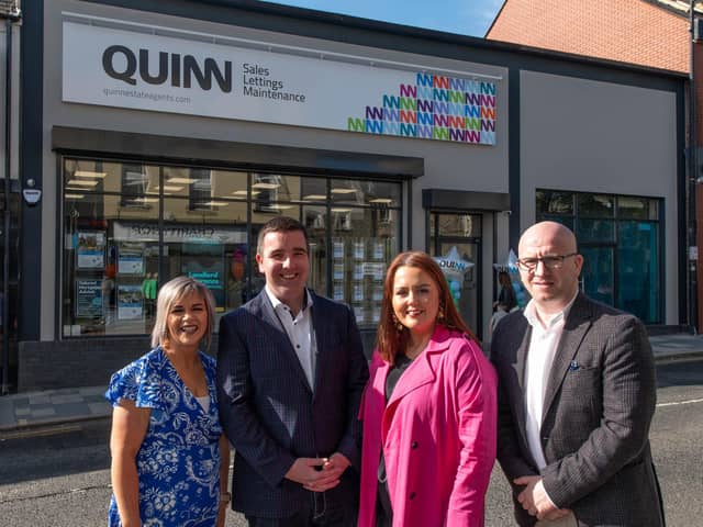 Pictured at the opening of Quinn Estate Agents, Downpatrick are Edel Curran, branch manager; Jonathan Quinn, managing director; Aoibheann Dagens, negotiator and Donnan Ritchie, partner at Ritchie & McLean Mortgage Solutions