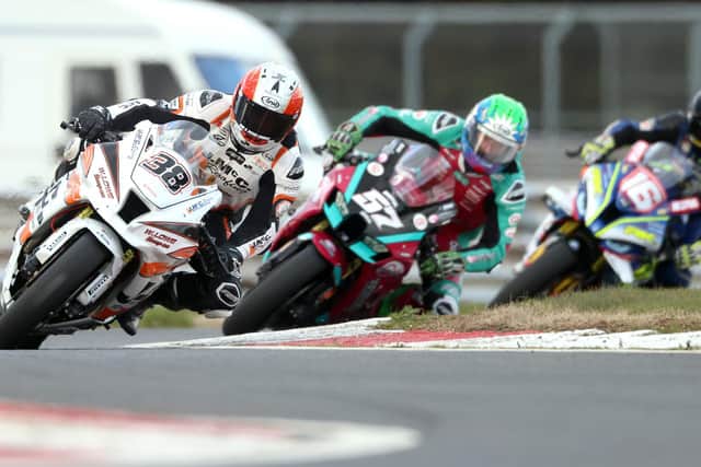 Jason Lynn (J McC Roofing Kawasaki) leads Korie McGreevy (McAdoo Kawasaki) and Mike Browne (Burrows/RK Racing BMW) in the second Superbike race at Bishopscourt during the opening race meeting of the season on Saturday.