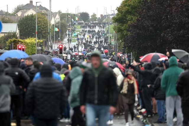 Protestors blocking the road ahead of the planned Orange Order parade on September 27 (Stephen Davison/Pacemaker Press)