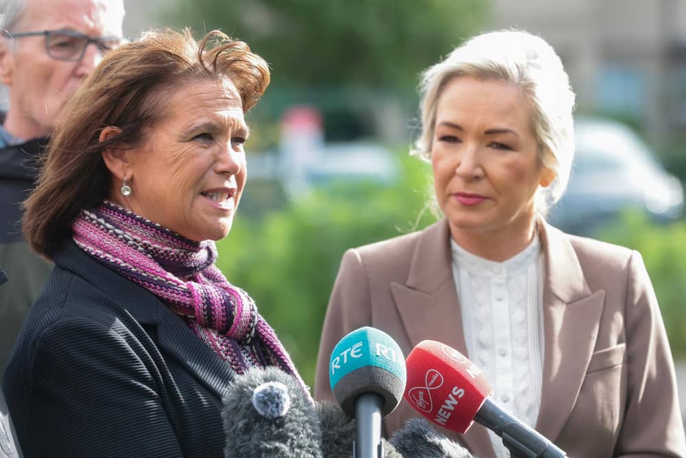 Sinn Féin president Mary Lou McDonald and First Minister Michelle O’Neill speak to the media alongside Sinn Féin representatives outside Drumcree Community Centre in Portadown on Friday afternoon, amid the continuing dispute over the proposed Orange Order parade along the Garvaghy Road.