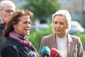 Sinn Féin president Mary Lou McDonald and First Minister Michelle O’Neill speak to the media alongside Sinn Féin representatives outside Drumcree Community Centre in Portadown on Friday afternoon, amid the continuing dispute over the proposed Orange Order parade along the Garvaghy Road.