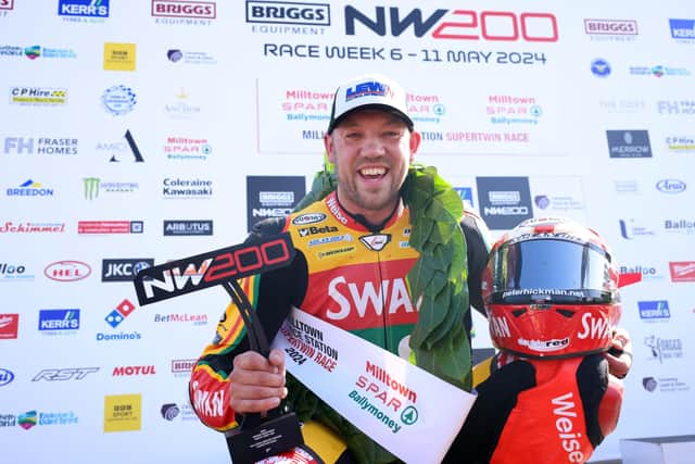 Peter Hickman (Swan Yamaha) celebrates his victory in the opening Supertwin race at the North West 200