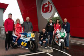 Pictured from left are Declan Mullan (GO) with Denise Trolland, Jim O’Brien (Bishopscourt Racing Circuit owner) Bruce Anstey, Jason McCaw (J McC Roofing Racing) Hayley Bevan and Robin Titterington (festival co-organiser)