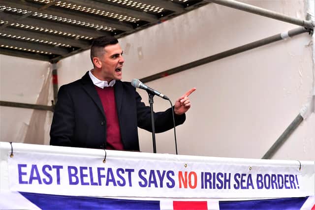 Pacemaker Press 17-09-2021: Moore Holmes pictured speaking at the Protocol protest on the Newtownards Road in east Belfast