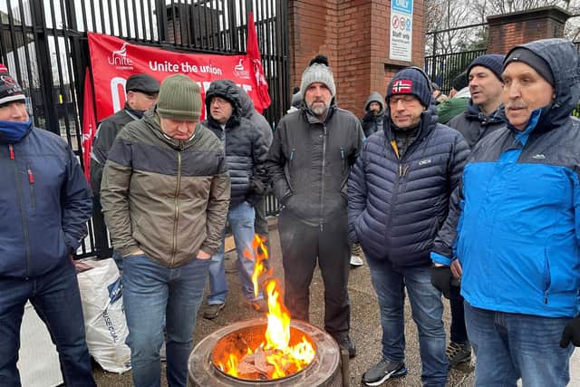 Transport workers from Unite, GMB and Siptu unions on the picket line in Belfast on 22 December. Photo: Jonathan McCambridge/PA Wire