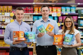 A Tyrone-based snack company is making some noise after bagging a supply deal worth up to £500,000 with Tesco.  Noisy Snacks, founded in 2018, will supply its full range of pulse-based healthy snacks to 688 Tesco Stores across Britain, Northern Ireland, and more than 100 in the Republic of Ireland. Pictured are Neil Hubbard (Noisy Snacks), Michael Crealey (Tesco) and Ellen Irwin (Noisy Snacks)