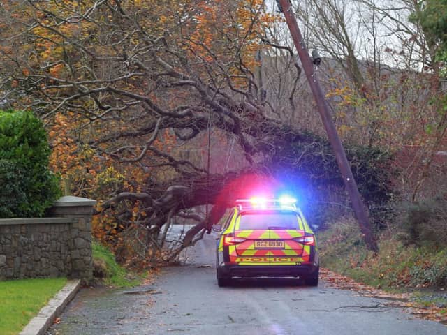High winds could cause travel disruption across Northern Ireland. This road in south Armagh was blocked by a tree during Storm Debi in November..