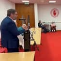 Niall McKenna, chairman of the ‘A5 Enough is Enough’ campaign addressing the meeting on Tuesday night.