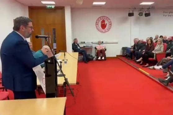 Niall McKenna, chairman of the ‘A5 Enough is Enough’ campaign addressing the meeting on Tuesday night.