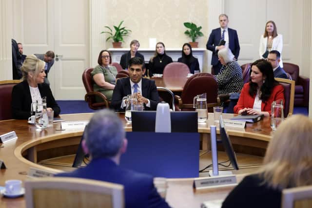First Minister Michelle O'Neill, Prime Minister Rishi Sunak and Deputy First Minister Emma Little-Pengelly, during a meeting with members of the newly-formed Stormont Executive at Stormont Castle, Belfast, on Monday