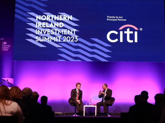 US Special Envoy to Northern Ireland for Economic Affairs, Joe Kennedy III (left) and Lord Dominic Johnson during the Northern Ireland Investment Summit 2023 at the ICC, Belfast. Picture: Liam McBurney/PA Wire