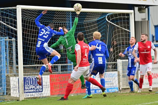 Newry’s Steven Maguire makes a save during the game at the Showgrounds in Newry.