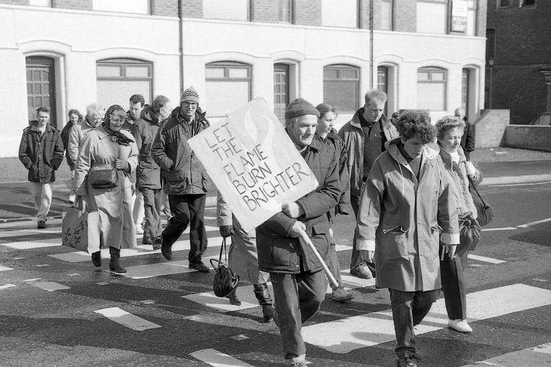 March of hope: Members of the Rathcoole and Anderstown Prayer and Peace walk visited seven churches in March 1992 as peace rallies were held across Northern Ireland. The Reverend Stephen Hazlett from Rathcoole said people want to do it again, he told the News Letter: “Every step we took, we were walking on prejudice.” Picture: News Letter archives
