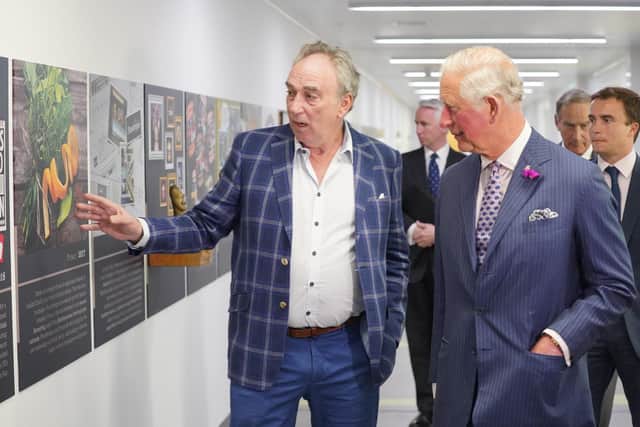 The then Prince of Wales tours is given a tour by Denis Lynn from Finnebrogue during a visit to the Downpatrick artisan company in 2019. Mr Lynn died in a qud bike accident on his Co Down estate in 2021. Photo by Aaron McCracken