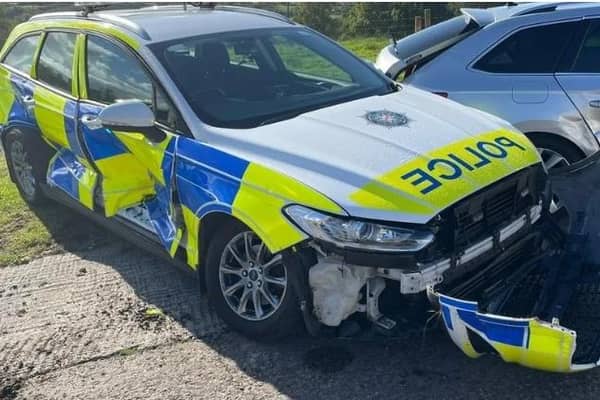 A PSNI vehicle after it was rammed in Co Tyrone in 2022. Photo: PSNI