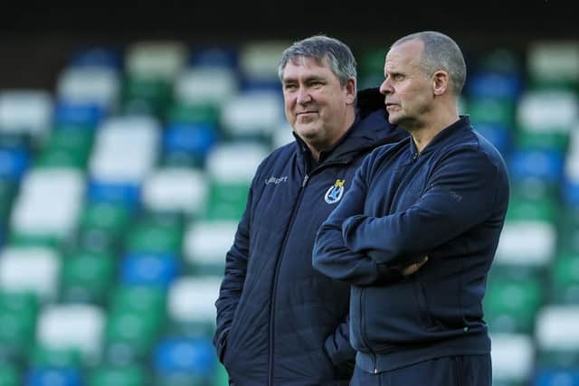 Dungannon Swifts assistant Dixie Robinson (left) with manager Rodney McAree. (Photo by David Maginnis/Pacemaker Press)