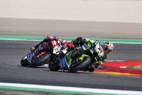 Jonathan Rea (Kawasaki Racing Team) leads Michael Ruben Rinaldi (Aruba.it Ducati) at Motorland Aragon in Spain