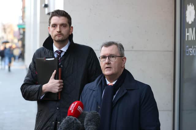 Leader of the DUP Sir Jeffrey Donaldson MP, with Phillip Brett, speaking to the media outside Erskine House, Belfast in Northern Ireland, following a meeting with Northern Ireland Secretary Chris Heaton-Harris