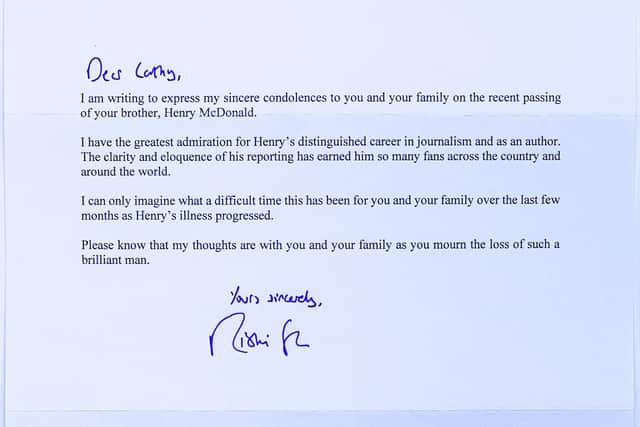 Letter from Prime Minister Rishi Sunak to Cathy McDonald expressing his condolences after the death of her brother, journalist Henry McDonald. Credit: Liam McBurney/RAZORPIX
