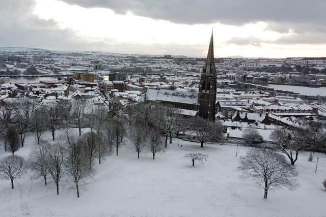 Londonderry is enveloped in snow during the recent big freeze. Picture: Lorcan Doherty, Press Eye