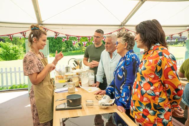 Tasha with Paul, Prue, Noel and interpretur Daryl during Pastry Week in the Bake Off tent. 