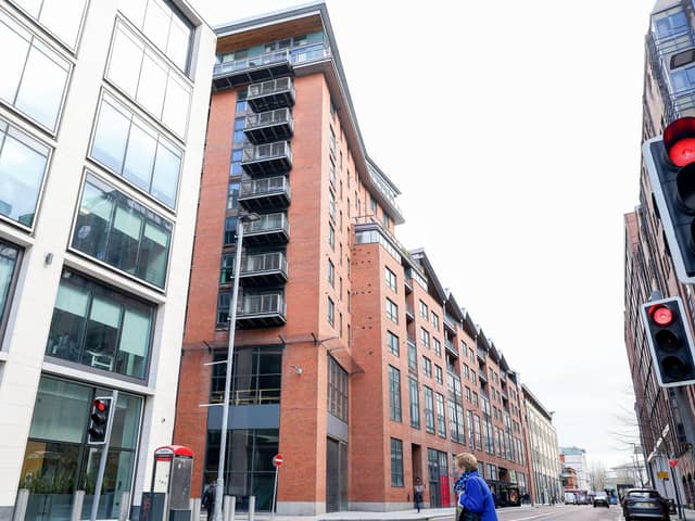 A general view of the defective apartments at Victoria Square in Belfast City Centre, in centre of the photo in red brick. Owners had to leave the building in 2019 due to structural failings and have recently had their bid for compensation struck out of court. Photo by Jonathan Porter/Press Eye
