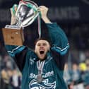 Belfast Giants’ Sam Ruopp celebrate after defeating the Fife Flyers to win the Challenge Cup Final at the SSE Arena, Belfast.  Photo by William Cherry/Presseye