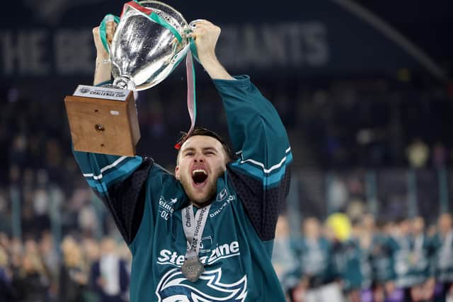Belfast Giants’ Sam Ruopp celebrate after defeating the Fife Flyers to win the Challenge Cup Final at the SSE Arena, Belfast.  Photo by William Cherry/Presseye