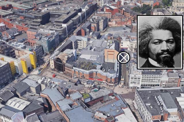 The rough location of the new statue of Frederick Douglass (inset); the image shows Lombard Street in Belfast, with Royal Avenue the next street over on the left, and High Street running beneath it (the yellow-clad scaffolding of the burnt-out Primark building can be seen on the far left of the image)