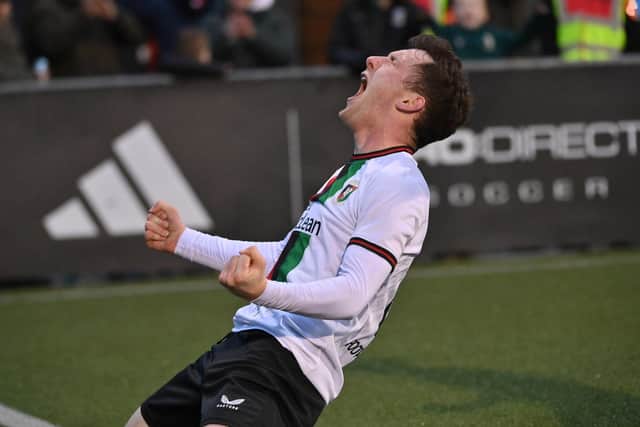 Glentoran’s Bobby Burns celebrates scoring the winning goal against Crusaders on Saturday. PIC: INPHO/Presseye/Stephen Hamilton