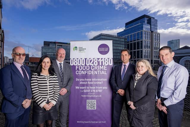 Pictured at the official launch of Food Crime Confidential, 0800 028 11 80, a freephone number to report food fraud in Northern Ireland are Reg Bevan, head of Intelligence and Analysis, National Food Crime Unit (NFCU), Paula O’Neill, environmental health manager at Armagh City, Banbridge and Craigavon Borough Council, Andy Quinn, head of the National Food Crime Unit (NFCU), Neil Castle, deputy head of National Food Crime Unit (NFCU), Sian Digney, DAERA, Welfare and Enforcement Branch and Ed McDonald, food fraud liaison officer, Consumer Protection Division, Food Standards Agency NI